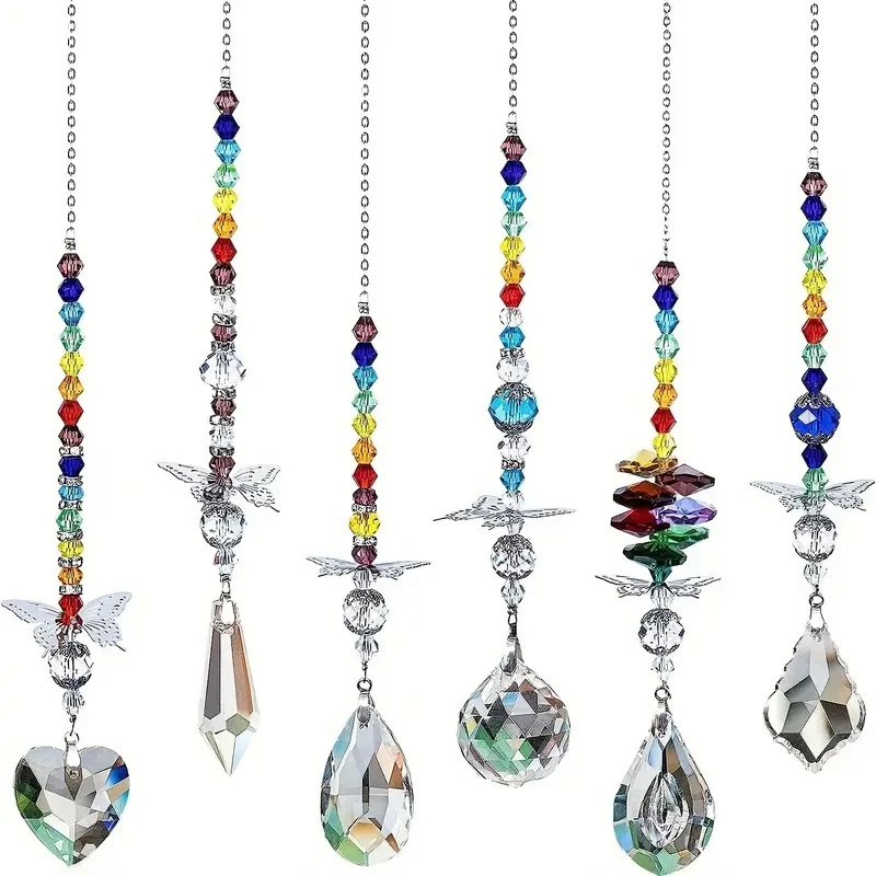 Crystal Rainbow Suncatcher with Butterfly Accents – Set of 6 Window Prism Ornaments for Light Display & Home Decor – Indoor Outdoor