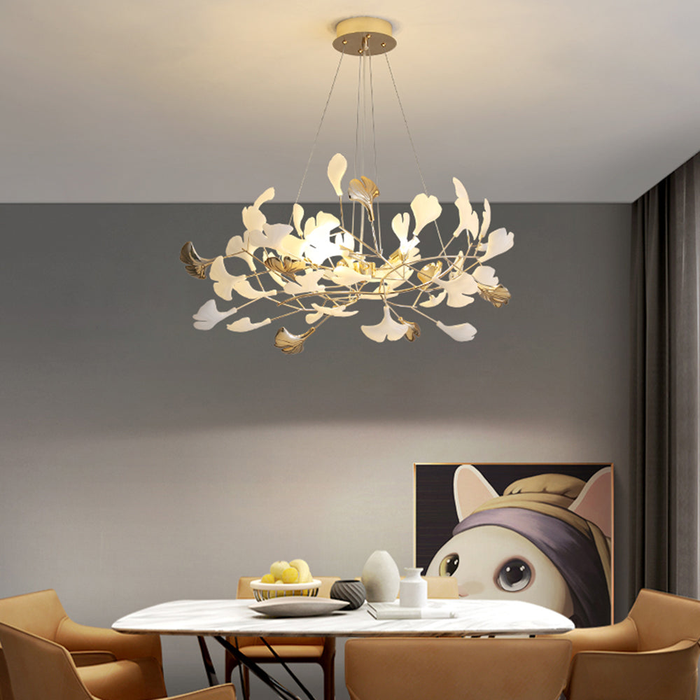 Ceramic Leaf Cluster Pendant Light with Adjustable Cord – Gold Metal Frame Multi-Bulb Chandelier for Dining Room, Living Room & Bedroom