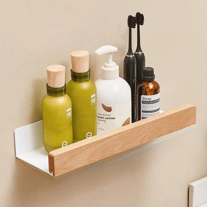 Adhesive Wood Floating Ledge for Bathroom & Kitchen Organization | No-Drill Storage Rack | Space-Saving Holder for Toiletries & Essentials