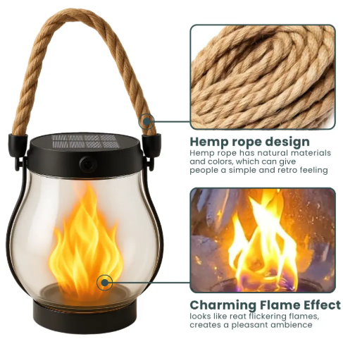 Rechargeable Portable Lantern with Hemp Handle for Patio, Camping & Indoor Ambience — Smart Auto-On Sensor, Type-C USB Charging, Compact 4.7