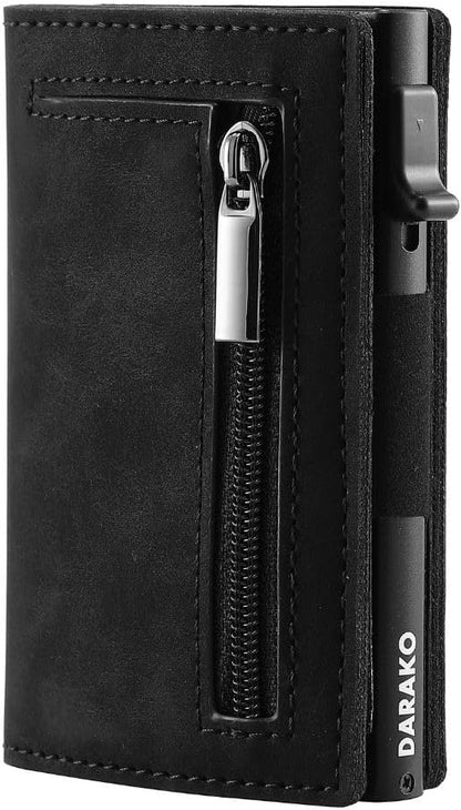 RFID-Blocking Slim Wallet with Quick-Access Card Slide for Men & Women, Genuine Leather & Aluminum Construction with Coin Pocket