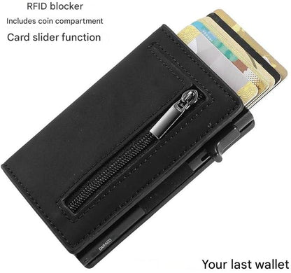 RFID-Blocking Slim Wallet with Quick-Access Card Slide for Men & Women, Genuine Leather & Aluminum Construction with Coin Pocket