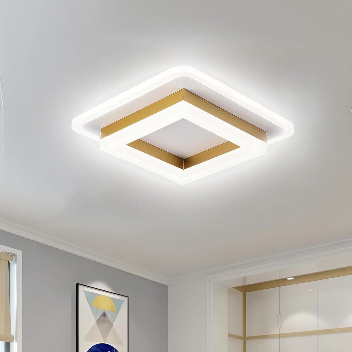 Flush Mount LED Light Fixture Square Layered Design 1920 Lumens for Bedroom Hallway Living Room Kitchen Den Black Gold Finish Contemporary M