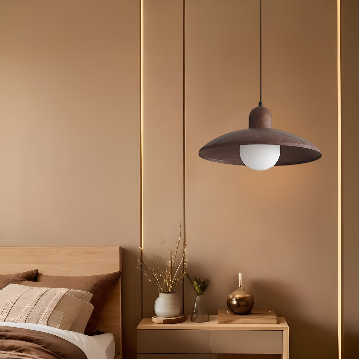 Wood Dome Ceiling Pendant 12 in Walnut Hanging Light for Kitchen Island Dining Table Minimalist Adjustable Cord E27 Socket 110V