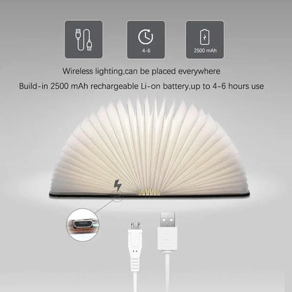 Rechargeable LED Book Light – Wooden Folding Accent Lamp for Reading Nook, Bedroom Nightstand & Home Decor