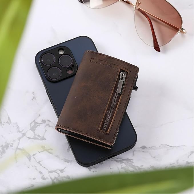 RFID-Blocking Slim Wallet with Quick-Access Card Slide for Men & Women, Genuine Leather & Aluminum Construction with Coin Pocket