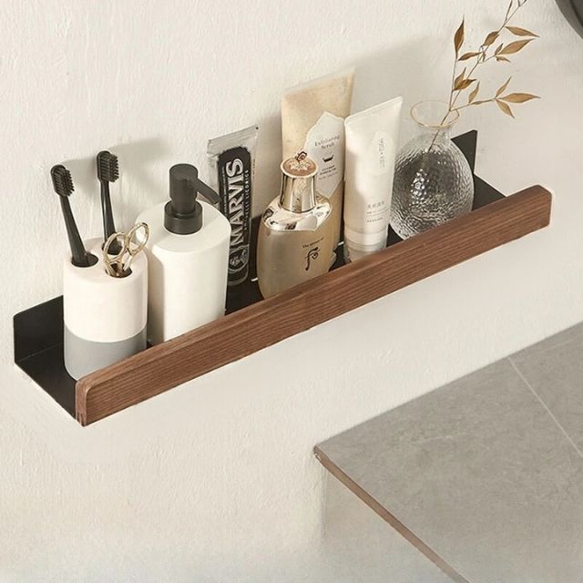 Adhesive Wood Floating Ledge for Bathroom & Kitchen Organization | No-Drill Storage Rack | Space-Saving Holder for Toiletries & Essentials