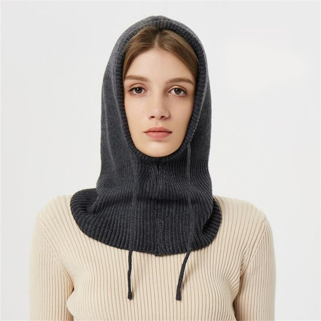 Hooded Knit Hat with Drawstring Adjustable Fit Cold Weather Headwear for Women Fall Season Accessory