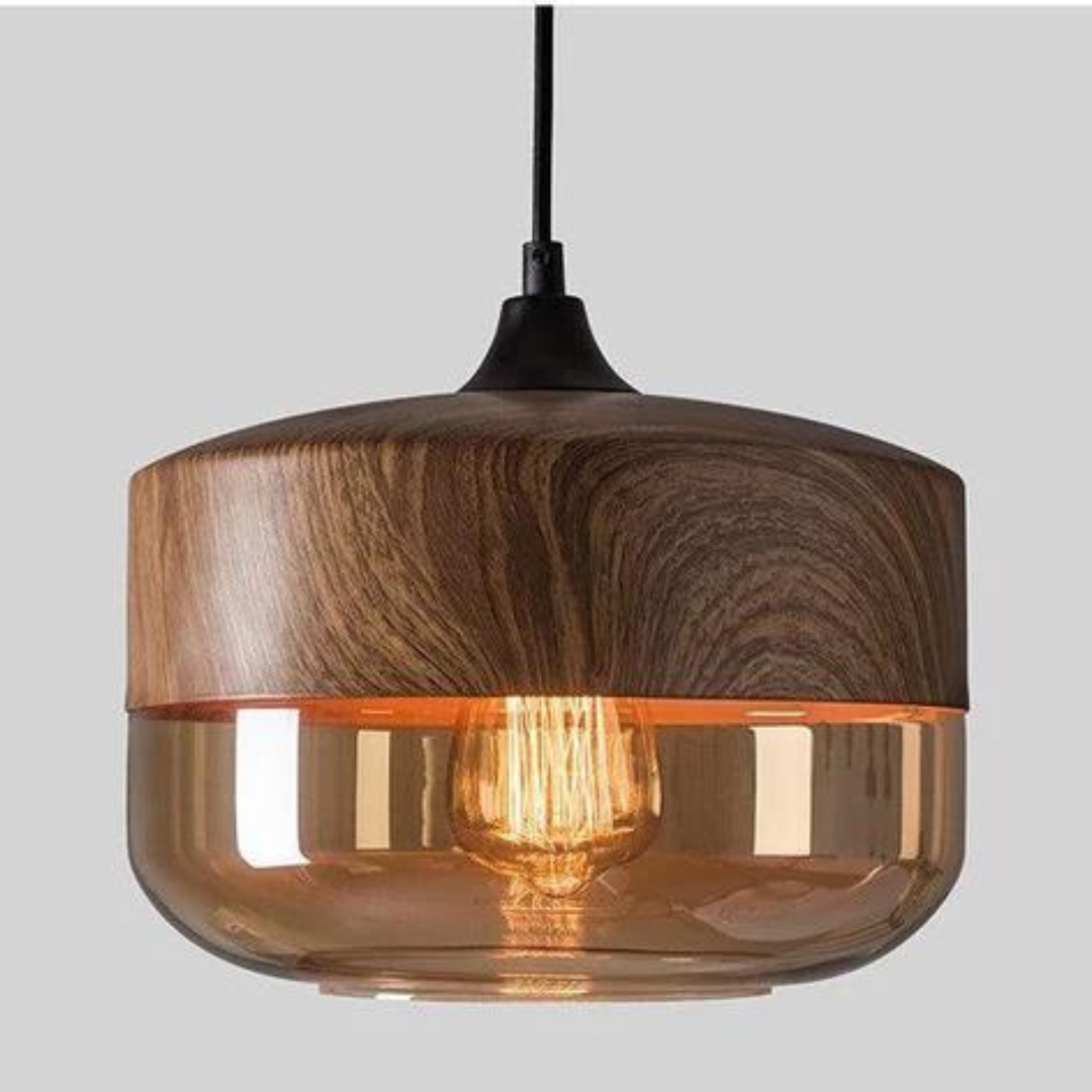 Glass Pendant Light with Wood-Look Metal – Scandinavian Hanging Fixture for Dining Room, Bedroom & Living Room