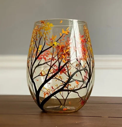 Hand-Painted Seasonal Tree Wine Glasses – Artisan Stemware with Four Seasons Design for Home & Gift