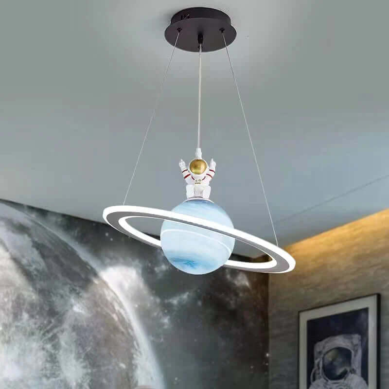 Hanging Space-Themed Fixture for Kids' Rooms Blue Acrylic Spherical Ceiling Lamp with LED Ring Light for Nursery Playroom Bedroom Decor Susp