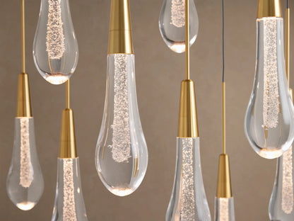 Linear LED Chandelier with Textured Glass Drops – Adjustable Height – Brass Bronze Nickel – 37 to 120 Inch – Dining Room Kitchen Island
