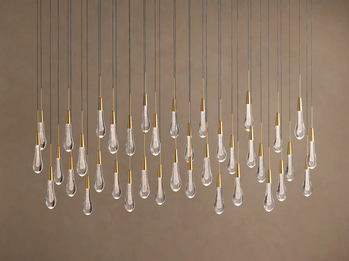 Linear LED Chandelier with Textured Glass Drops – Adjustable Height – Brass Bronze Nickel – 37 to 120 Inch – Dining Room Kitchen Island