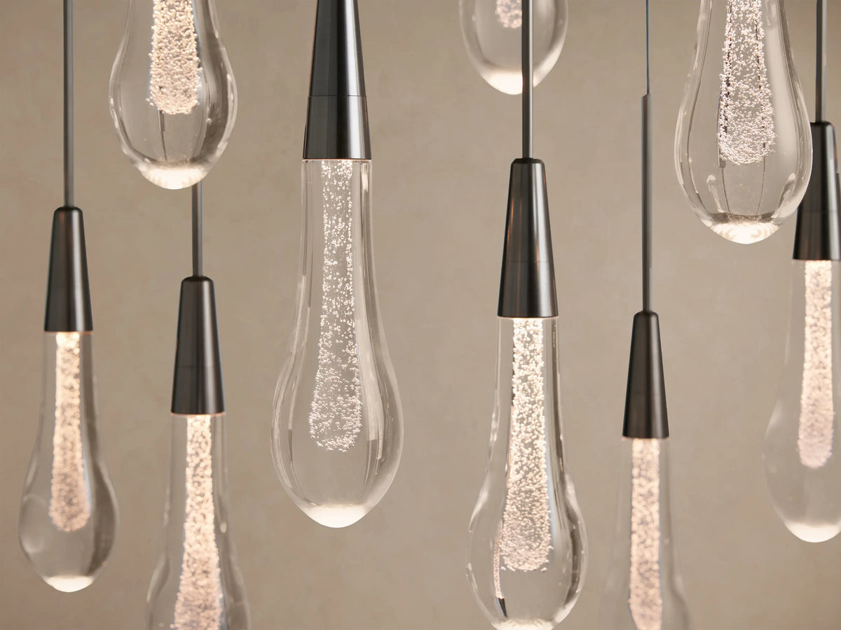 Linear LED Chandelier with Textured Glass Drops – Adjustable Height – Brass Bronze Nickel – 37 to 120 Inch – Dining Room Kitchen Island