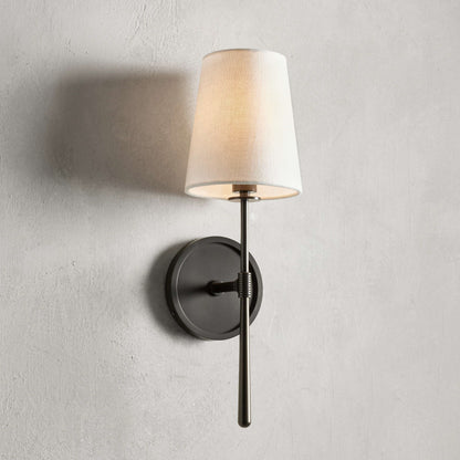 Textured Linen Shade Wall Sconce – Hardwired Single Light Fixture for Living Room, Bathroom & Office – Tapered Torch Design