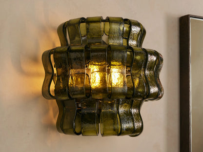 Textured Glass Wall Sconce Light Fixture with Curved Shade for Living Room Bedroom Dining Room | Hardwired 2-Bulb Accent Lighting