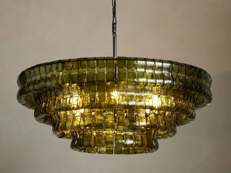 Textured Glass Round Chandelier with Curved Panels in Metallic Finish for Dining Room & Living Room | 24 to 60 Inch