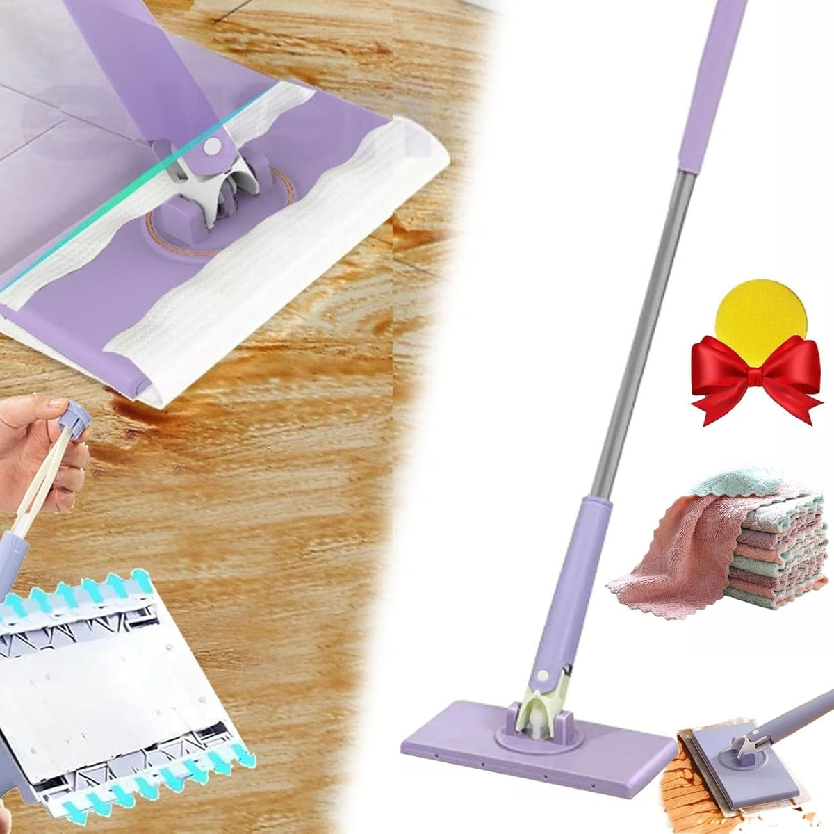 Hands-Free Flat Mop System with Swivel Head & Wall Mount for Hardwood, Tile & Laminate Floors | Easy-Release Pad Changer