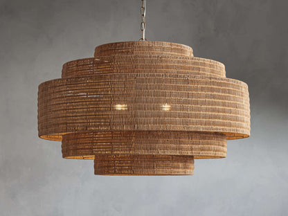 Woven Rattan Ceiling Chandelier with Layered Dome Shade – 28 or 40 Inch Natural Boho Pendant Light for Dining Room, Bedroom, Living Room