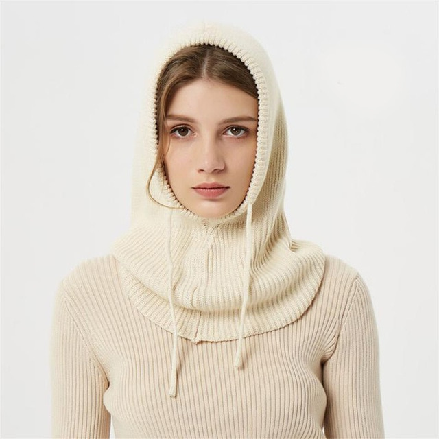 Hooded Knit Hat with Drawstring Adjustable Fit Cold Weather Headwear for Women Fall Season Accessory
