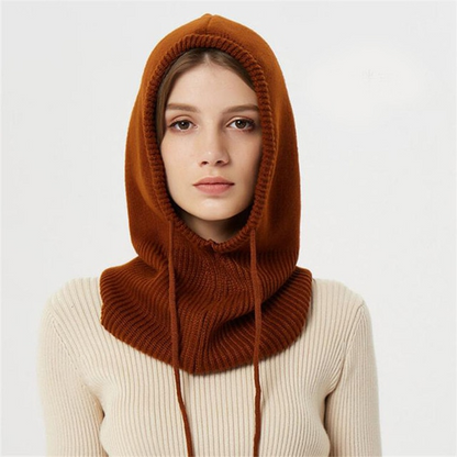 Hooded Knit Hat with Drawstring Adjustable Fit Cold Weather Headwear for Women Fall Season Accessory