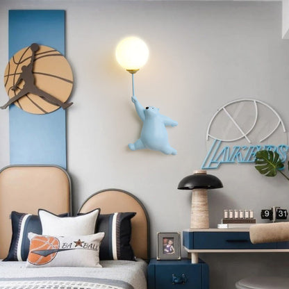 Bear with Balloon Wall Sconce Light for Kids Room Nursery Bedroom Playroom Resin Animal Design Accent Lighting White Blue Pink