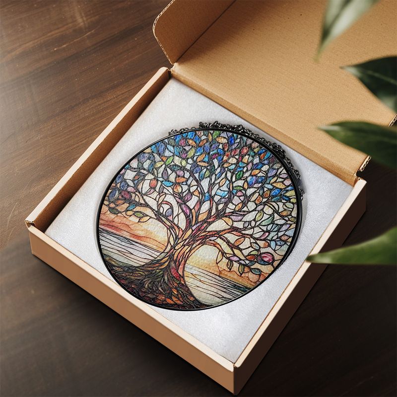 Stained Glass Tree of Life Sun Catcher Window Ornament for Home & Garden – Handcrafted Rainbow Light Prism Hanging Decor