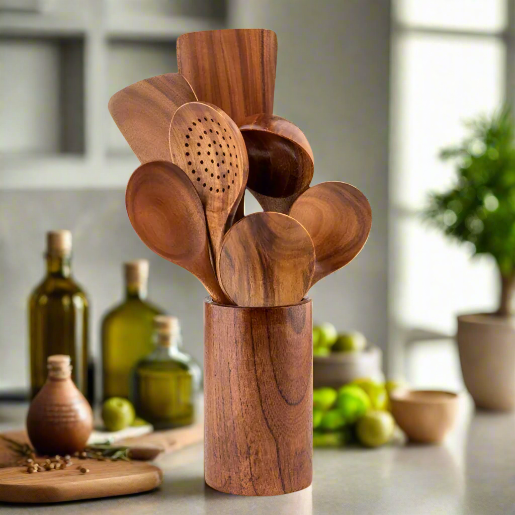 Kitchen Spoon Set Made of Teak Wood | Safe for Non-Stick Cookware