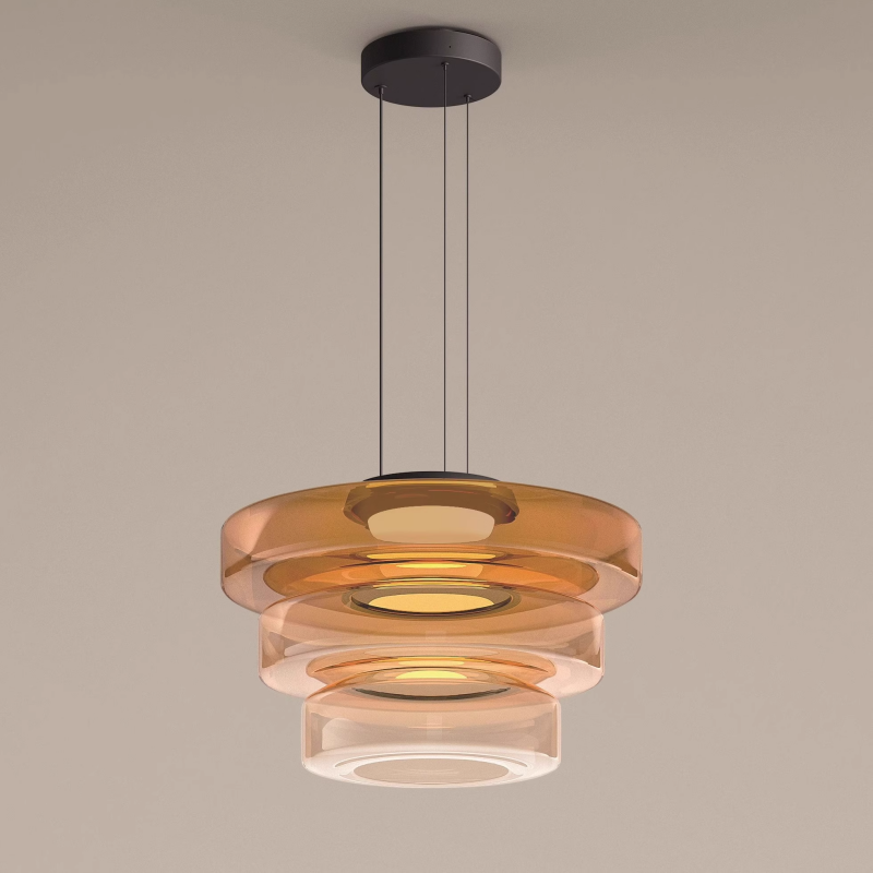 Tiered Glass Hanging Fixture 12 in Amber for Dining Tables Kitchen Islands Contemporary Statement Overhead Illumination