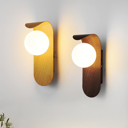 Globe Wall Sconce with Natural Wood Bracket LED Ambient Light Fixture 10 in Height Frosted Shade for Bedrooms Hallways Reading Nooks Modern