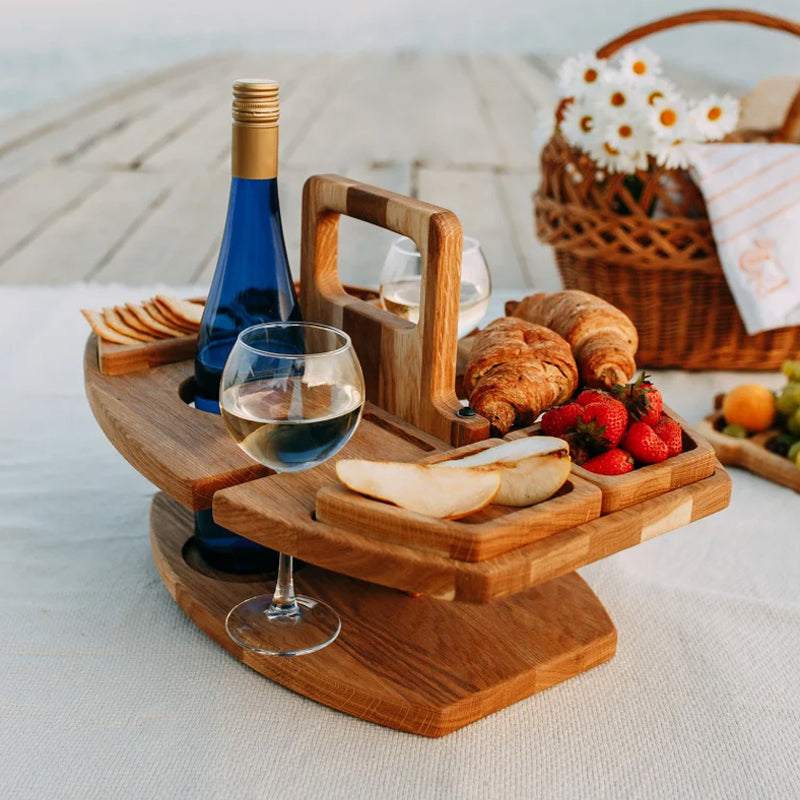 Portable Wooden Wine & Picnic Table with Carry Handle for Outdoor Dining | Folding Wine Caddy Tray for Beach, Park, Camping | Solid Wood