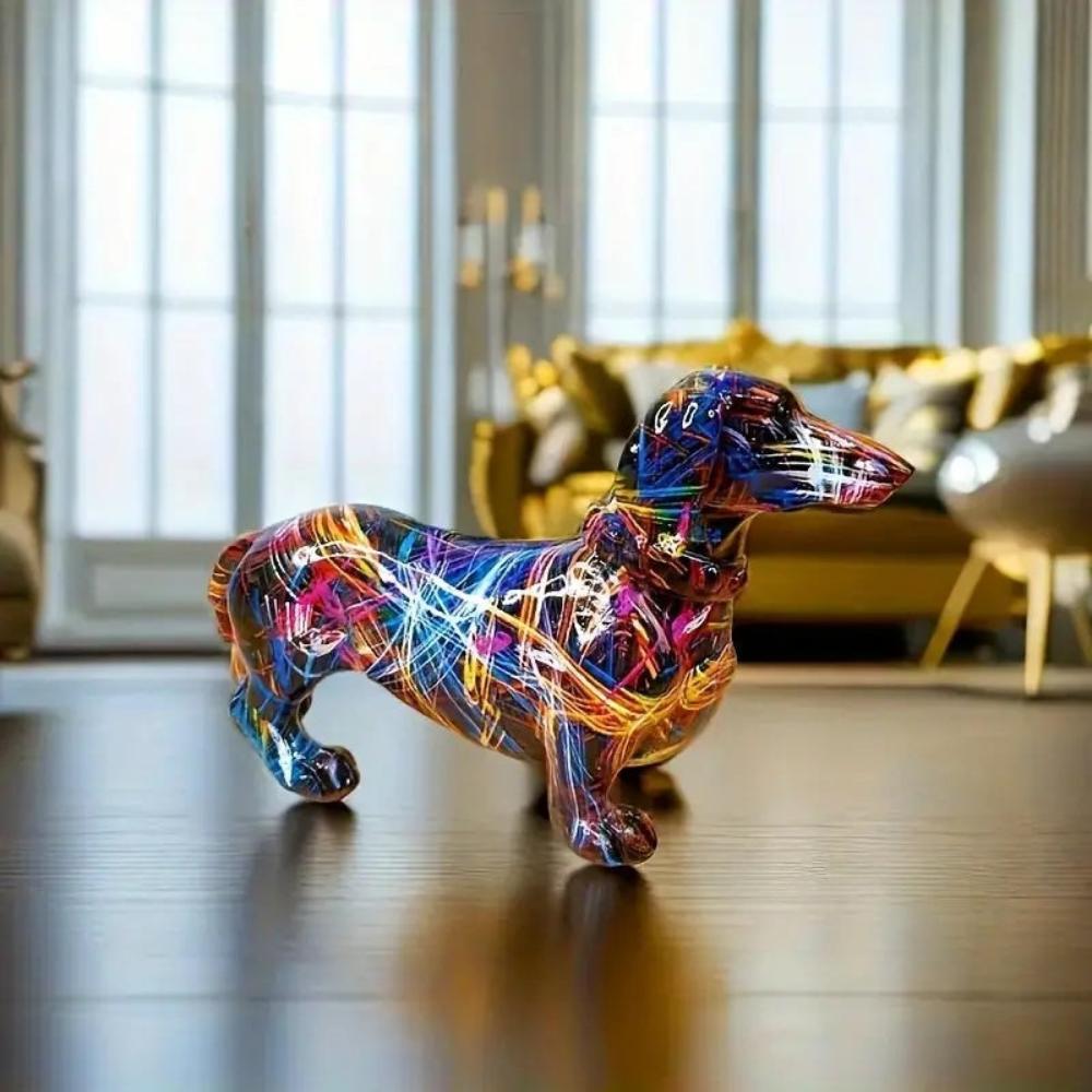 Wiener Dog Statue Colorful Resin Accent Sculpture Desk Shelf Mantel Contemporary Animal Figure Desktop Art Dachshund Collectible Home Decor