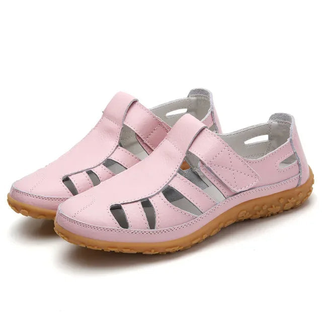 Women's Leather Sandals with Hook-and-Loop Straps & Cushioned Footbed | Summer Walking Shoes with Adjustable Fit