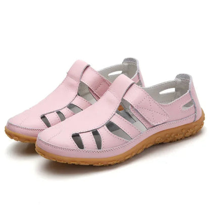 Women's Leather Sandals with Hook-and-Loop Straps & Cushioned Footbed | Summer Walking Shoes with Adjustable Fit