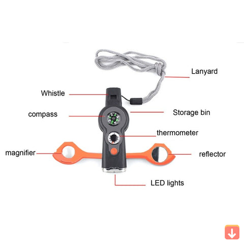 Survival Essentials | Multi Tool 7-in-1 Hiking Whistle with LED Light | Compact Gear for Outdoor Adventures