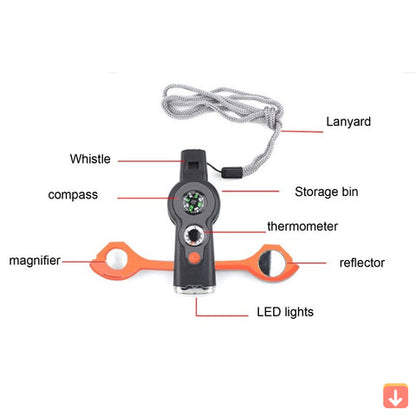 Survival Essentials | Multi Tool 7-in-1 Hiking Whistle with LED Light | Compact Gear for Outdoor Adventures