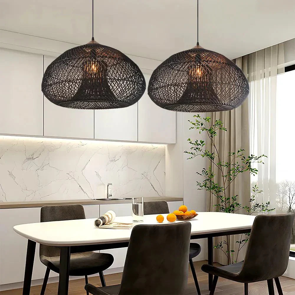Woven Rattan Ceiling Light Fixture E26 Natural Boho Hanging Lamp for Dining Kitchen Island Bedroom Ambient Lighting Handcrafted Organic Text