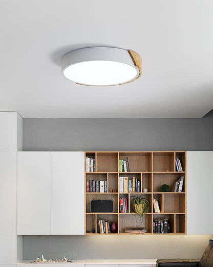 Round Flush Mount Ceiling Light with Wood Accent and Integrated LED – Modern Low Profile Fixture in 9, 12, 16, 20, and 24 inch Sizes for Liv