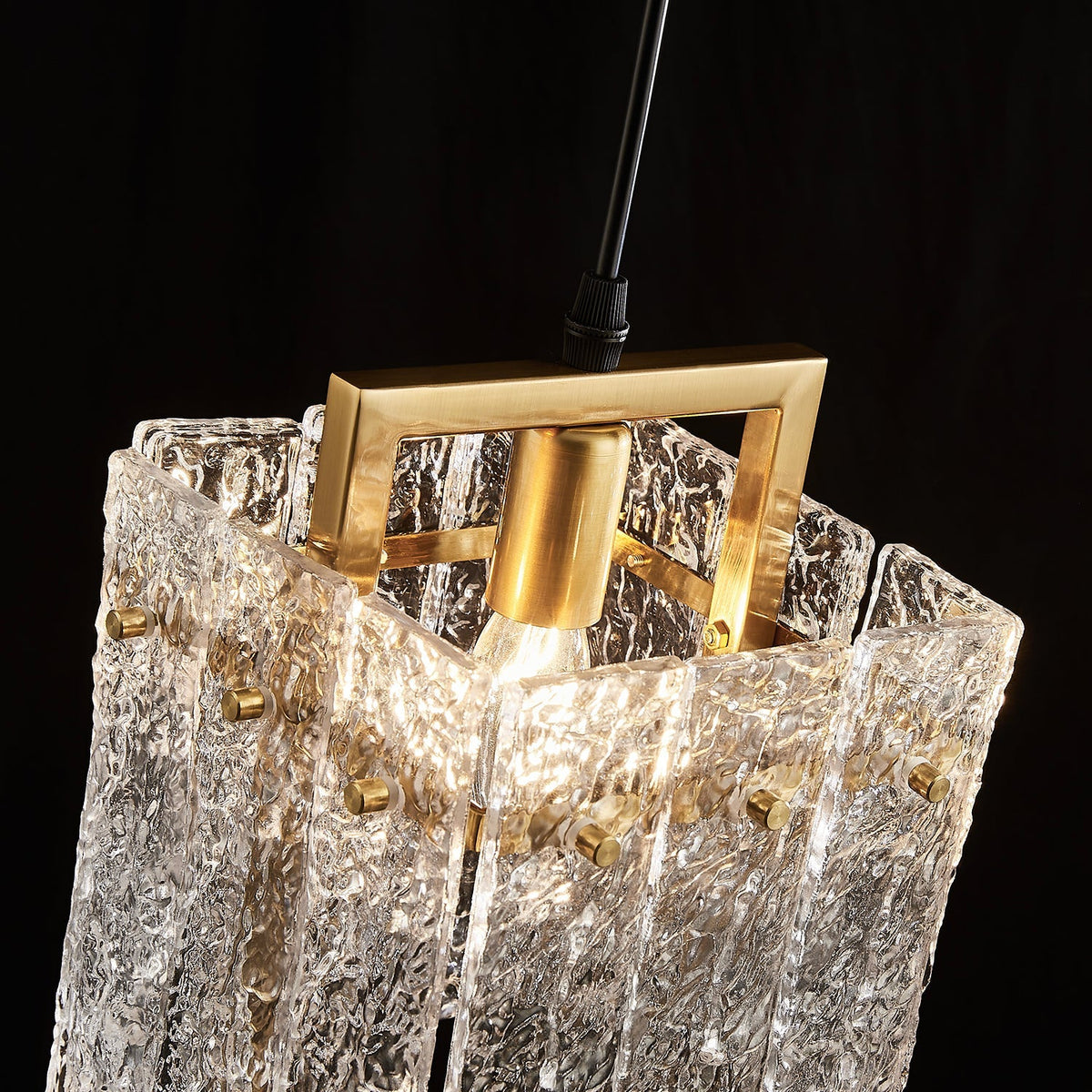 Square Cage Pendant Light Fixture with Textured Glass Shade & Gold Frame for Dining Room, Kitchen Island, Bedroom