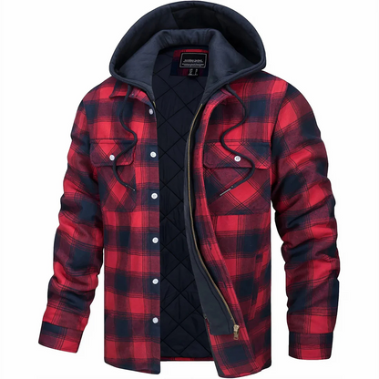 Quilted Plaid Flannel Shirt Jacket with Removable Hood for Men – Button Front & Zip Closure