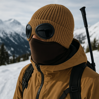 Knit Beanie with Flip-Down Goggles – Windproof Winter Hat for Outdoor Activities