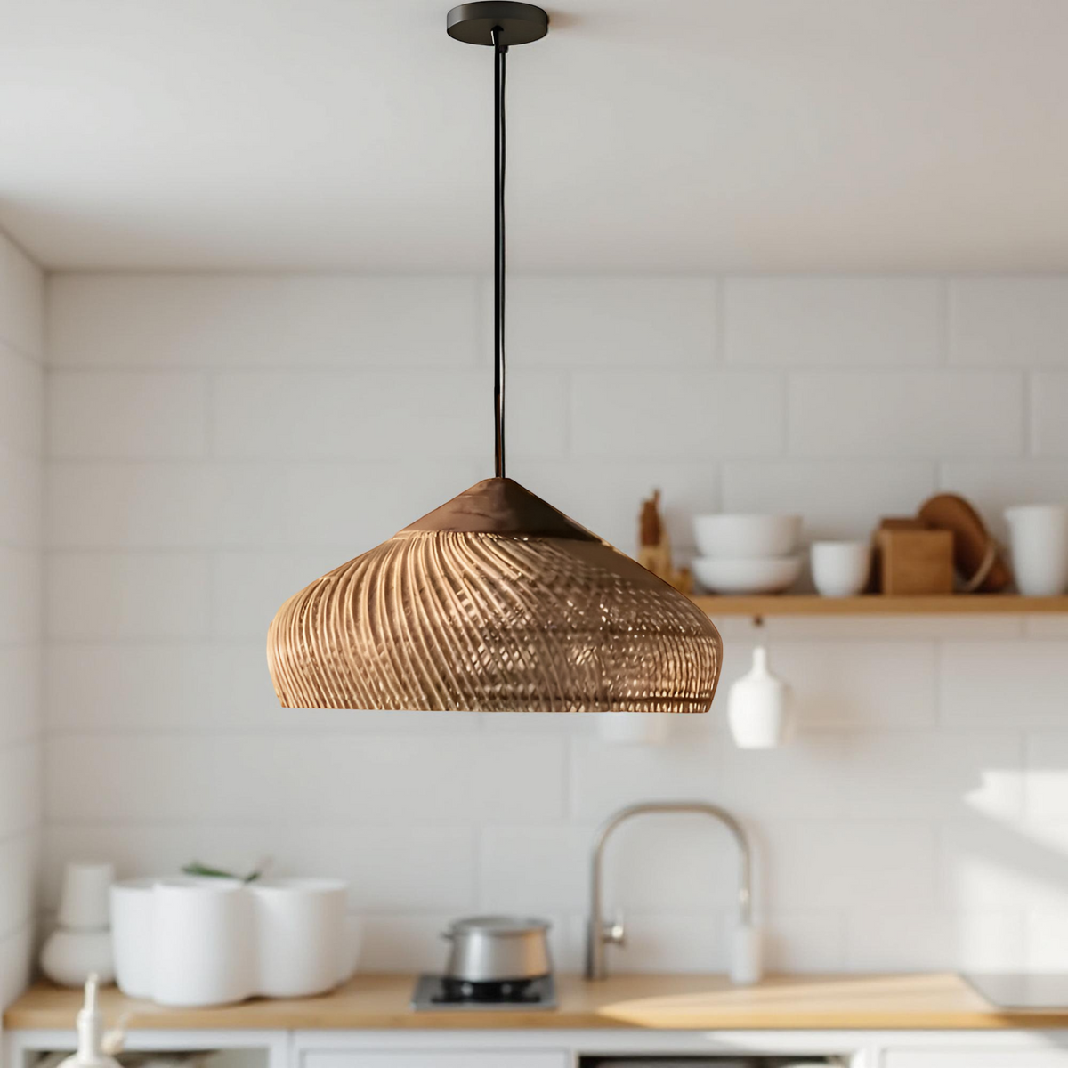 Woven Bamboo Hanging Light 24 Inch Natural Shade Adjustable Cord E26 Socket Boho Farmhouse Ceiling Fixture for Dining Room Kitchen Island Li