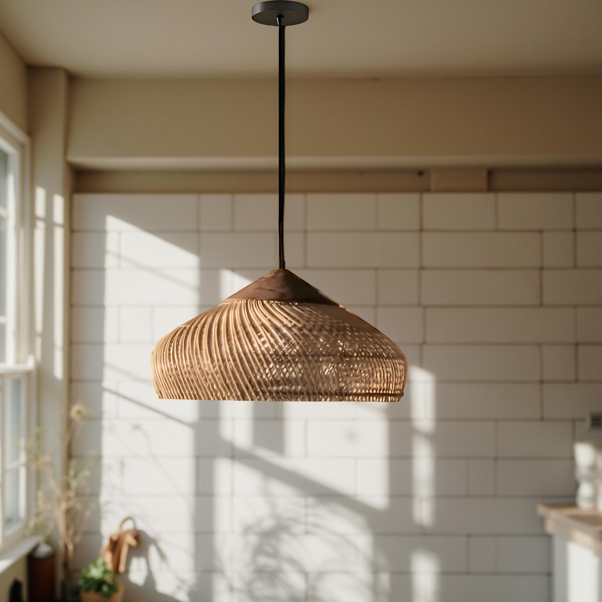Woven Bamboo Hanging Light 24 Inch Natural Shade Adjustable Cord E26 Socket Boho Farmhouse Ceiling Fixture for Dining Room Kitchen Island Li