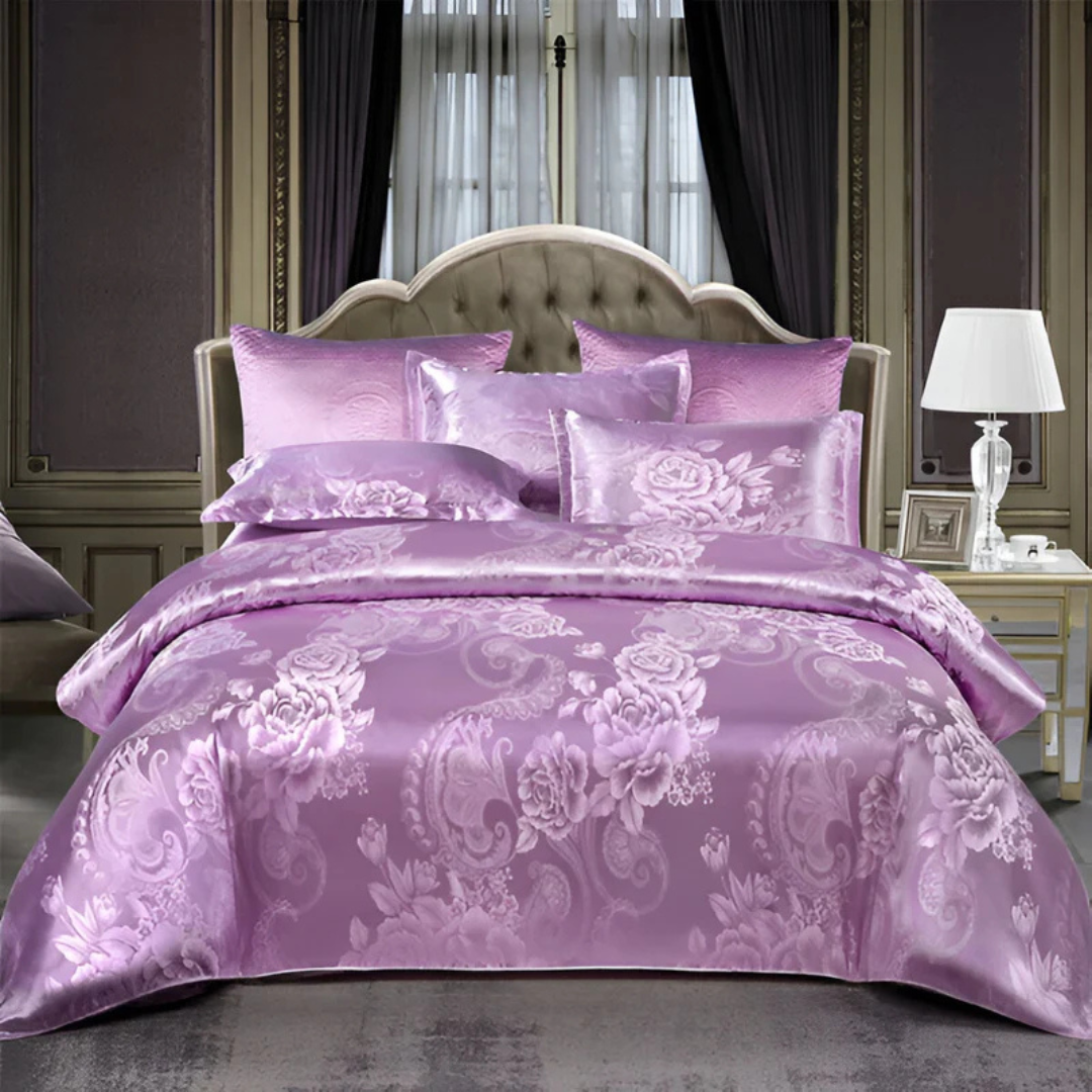 Floral Jacquard Duvet Cover Set Silky Satin Bedding 3-Piece with Pillowcases All Season Breathable Comforter Cover for Bedroom Décor