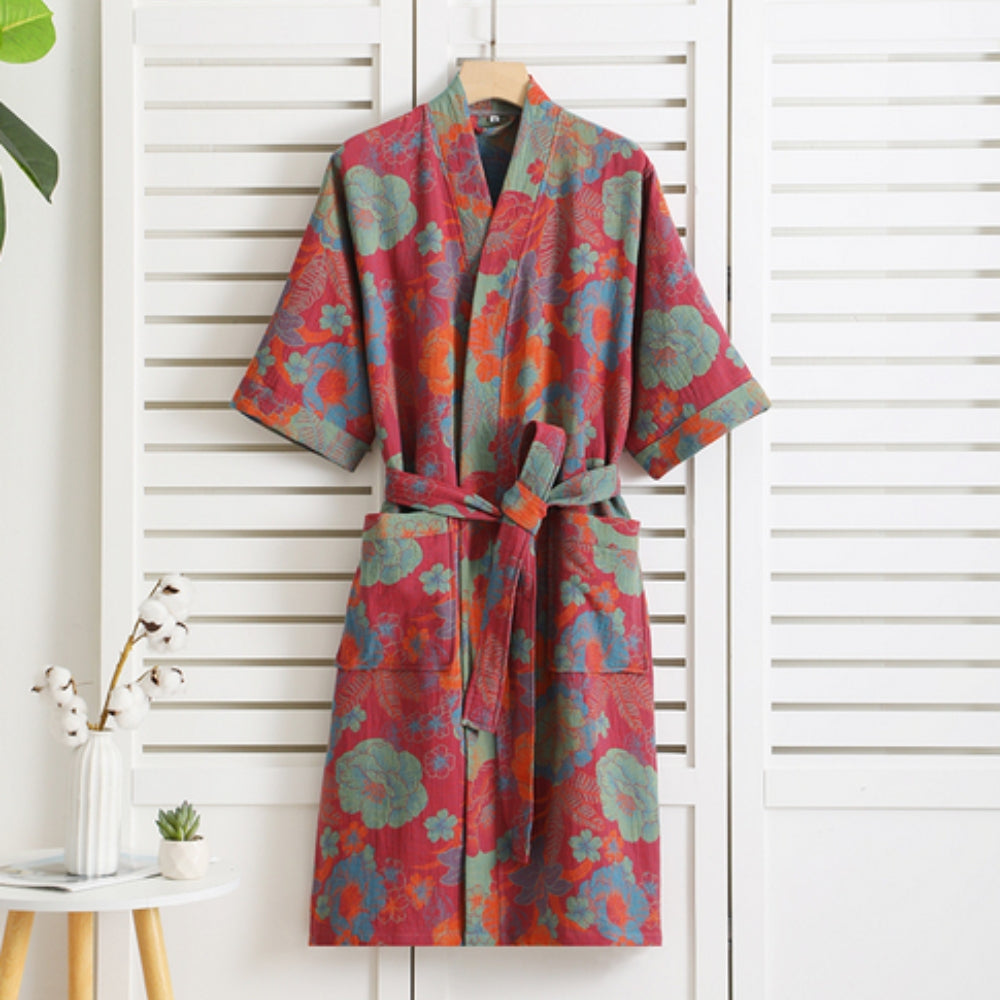 Cotton Gauze Robe with Vintage Print – Lightweight Breathable Loungewear for Women | Soft Double-Layer Spa Robe for Home Relaxation