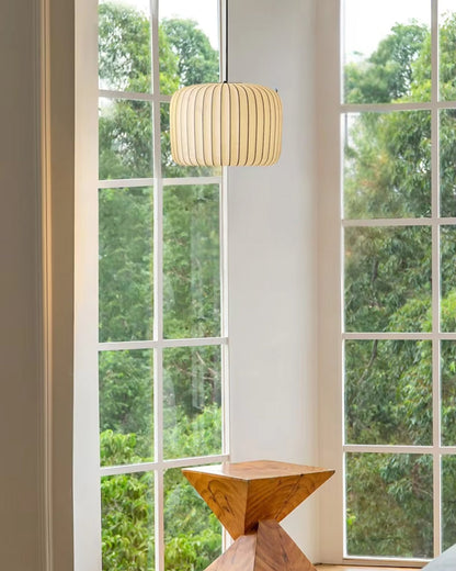 Fabric Drum Shade Hanging Light 22-Inch Neutral Tone for Dining Room Kitchen Island Modern Japandi Style E27 Socket