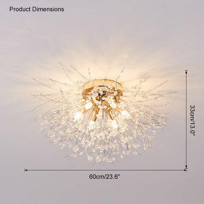Lámpara de techo de montaje empotrado con diseño de diente de león de cristal: accesorio de 16 pulgadas en dorado y plateado para dormitorio, pasillo y baño