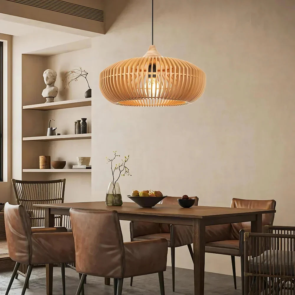 Lámpara de techo redonda de listones de madera natural de 17 pulgadas estilo Japandi, luz colgante ambiental para mesa de comedor, isla de cocina o sala de estar
