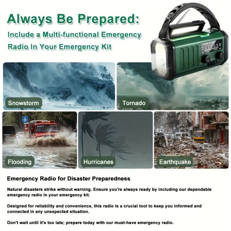 Radio meteorológica de emergencia con panel solar, linterna de manivela, batería externa de 10000 mAh, AM FM NOAA, SOS, brújula, recargable por USB-C, para camping y supervivencia