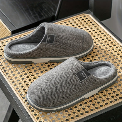 Men's Plush Herringbone Slippers – Warm Indoor House Shoes with Non-Slip Grip for Fall & Winter